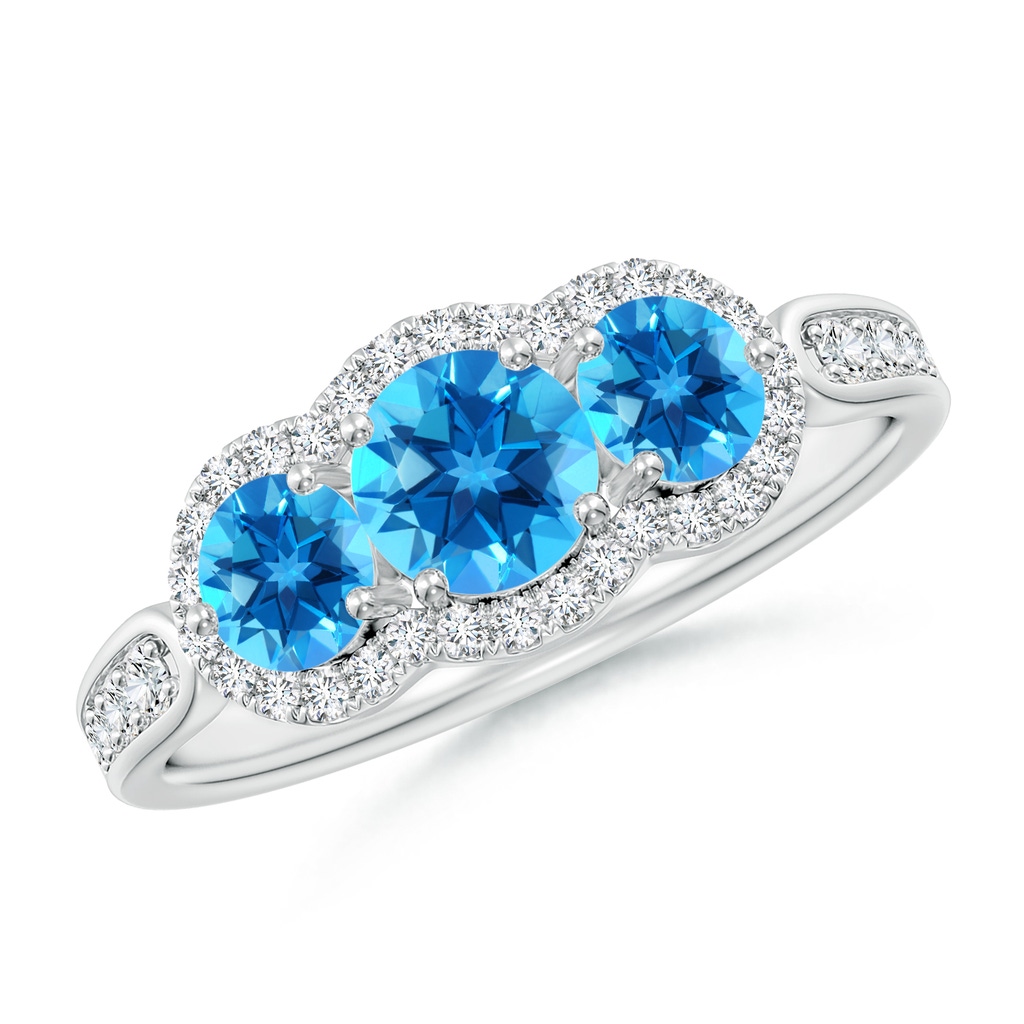 5mm AAAA Floating Three Stone Swiss Blue Topaz Ring with Diamond Halo in 18K White Gold