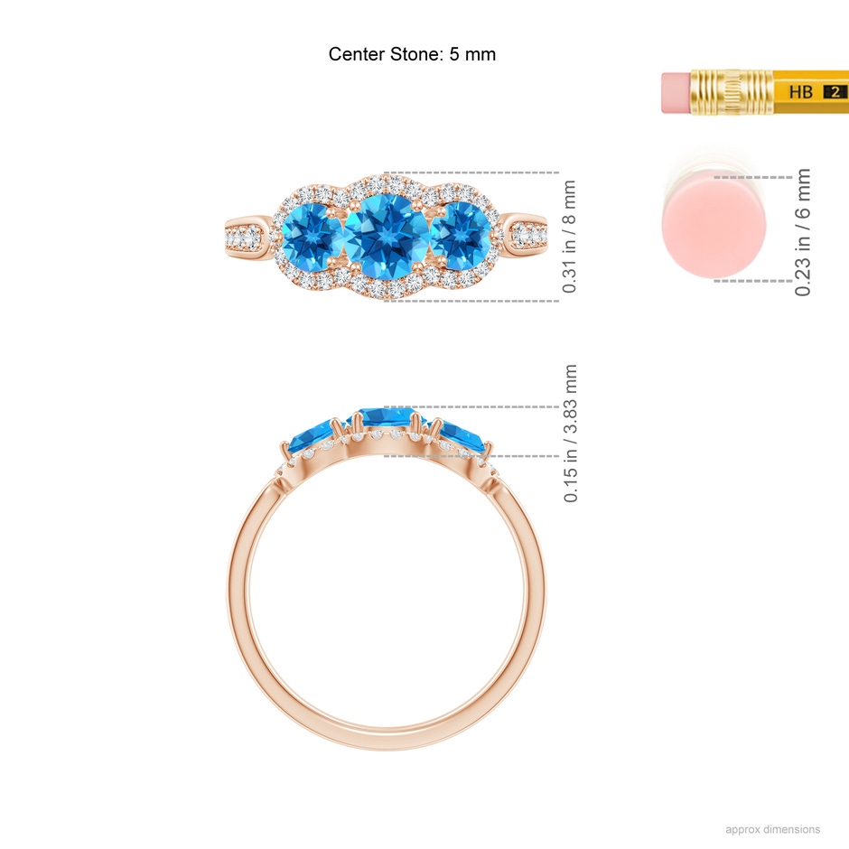 5mm AAAA Floating Three Stone Swiss Blue Topaz Ring with Diamond Halo in Rose Gold ruler