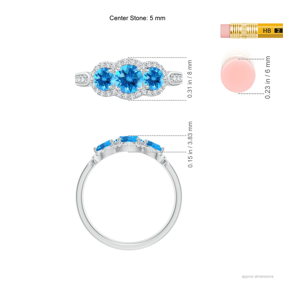 5mm AAAA Floating Three Stone Swiss Blue Topaz Ring with Diamond Halo in White Gold ruler