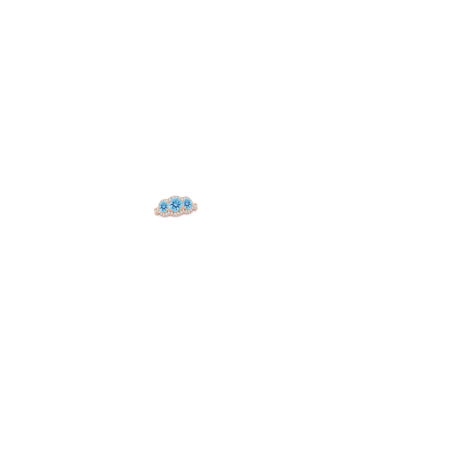 6mm A Floating Three Stone Swiss Blue Topaz Ring with Diamond Halo in 18K Rose Gold hand