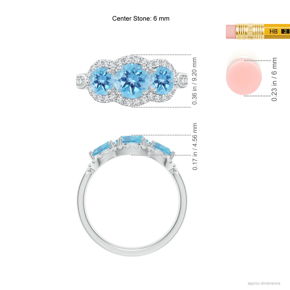 6mm A Floating Three Stone Swiss Blue Topaz Ring with Diamond Halo in P950 Platinum ruler