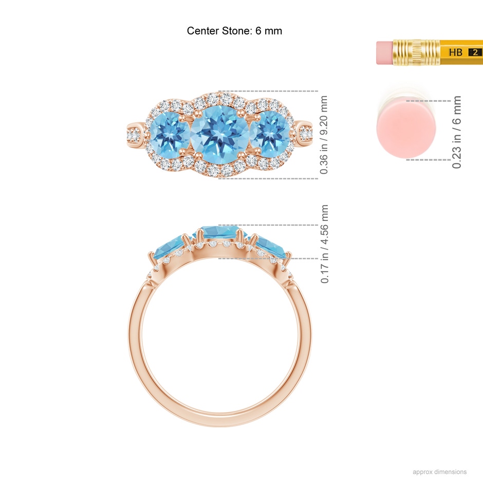 6mm A Floating Three Stone Swiss Blue Topaz Ring with Diamond Halo in Rose Gold ruler