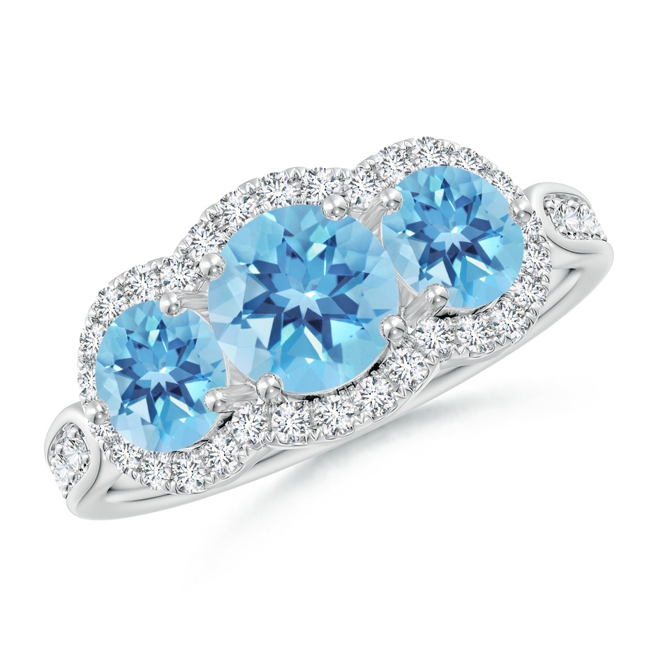 6mm A Floating Three Stone Swiss Blue Topaz Ring with Diamond Halo in White Gold 
