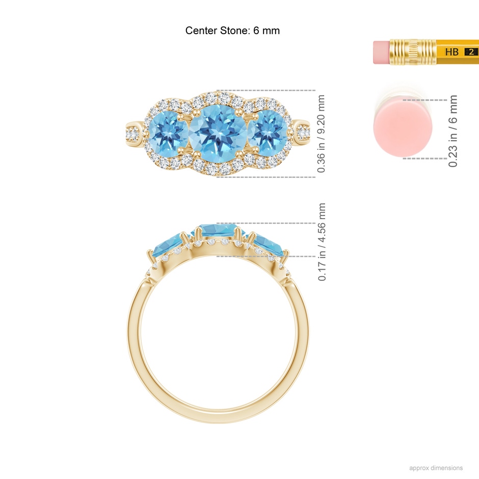 6mm A Floating Three Stone Swiss Blue Topaz Ring with Diamond Halo in Yellow Gold ruler