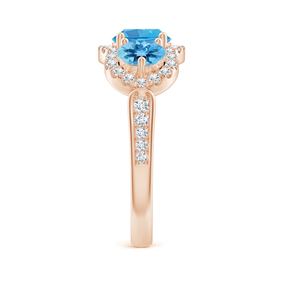 6mm AA Floating Three Stone Swiss Blue Topaz Ring with Diamond Halo in Rose Gold side 299