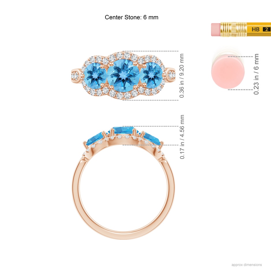 6mm AA Floating Three Stone Swiss Blue Topaz Ring with Diamond Halo in Rose Gold ruler