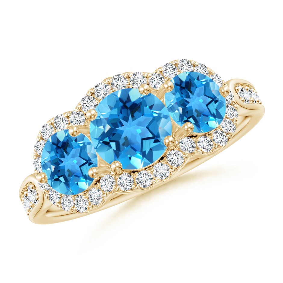 6mm AAA Floating Three Stone Swiss Blue Topaz Ring with Diamond Halo in 18K Yellow Gold 