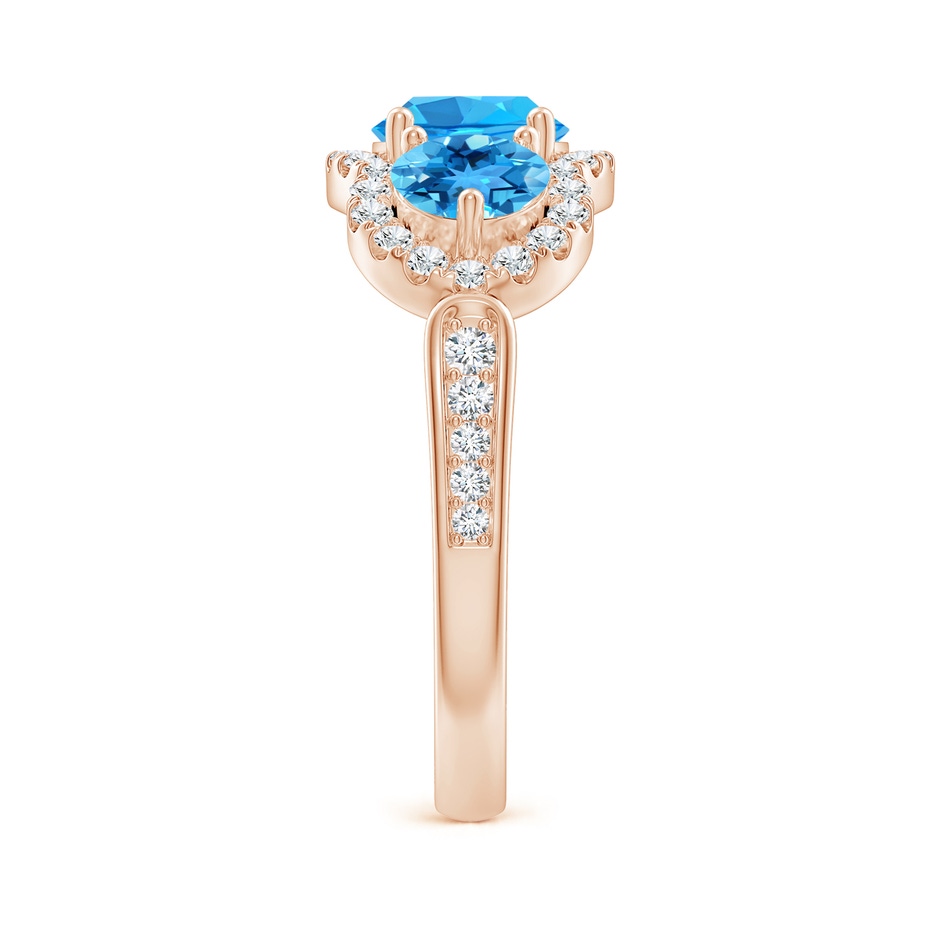 6mm AAA Floating Three Stone Swiss Blue Topaz Ring with Diamond Halo in Rose Gold side 299