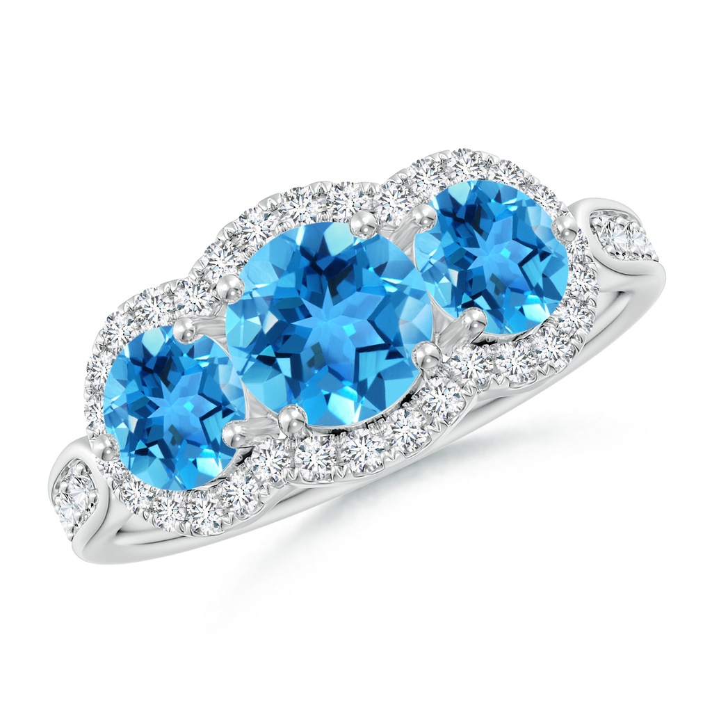 6mm AAA Floating Three Stone Swiss Blue Topaz Ring with Diamond Halo in White Gold