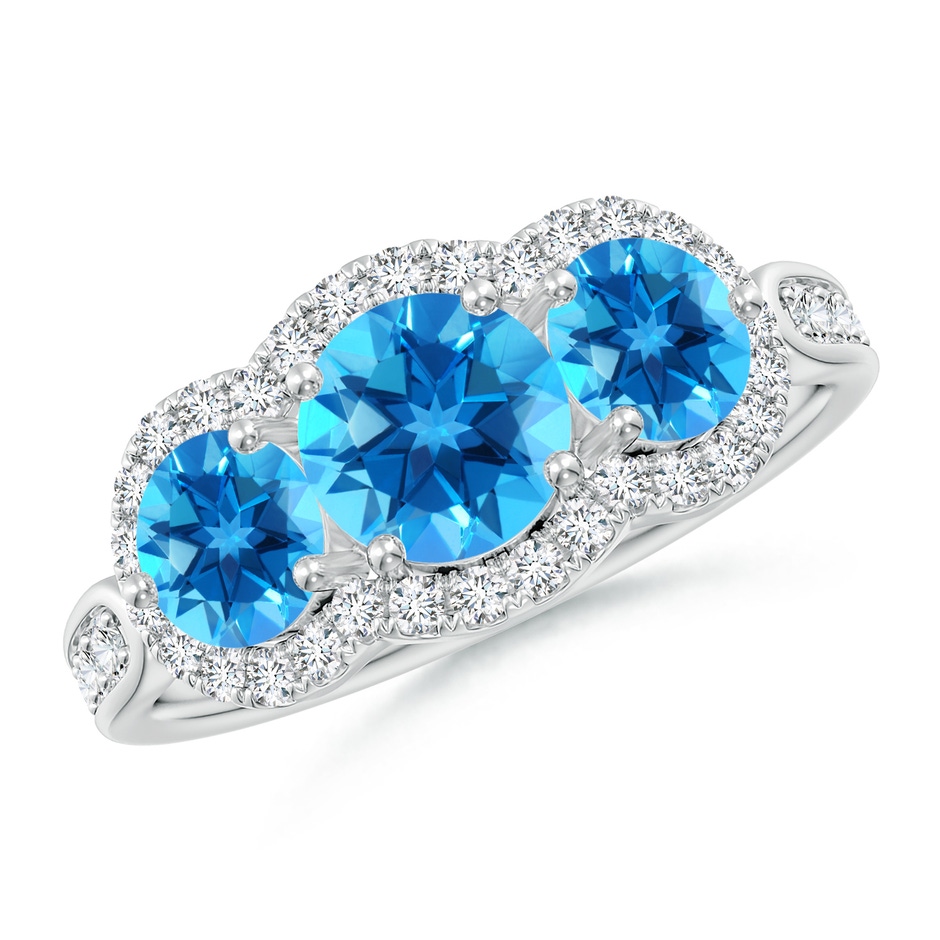 6mm AAAA Floating Three Stone Swiss Blue Topaz Ring with Diamond Halo in 18K White Gold 