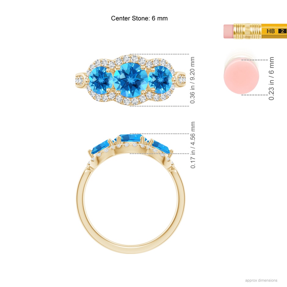 6mm AAAA Floating Three Stone Swiss Blue Topaz Ring with Diamond Halo in 18K Yellow Gold ruler