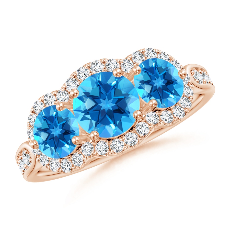 6mm AAAA Floating Three Stone Swiss Blue Topaz Ring with Diamond Halo in Rose Gold 