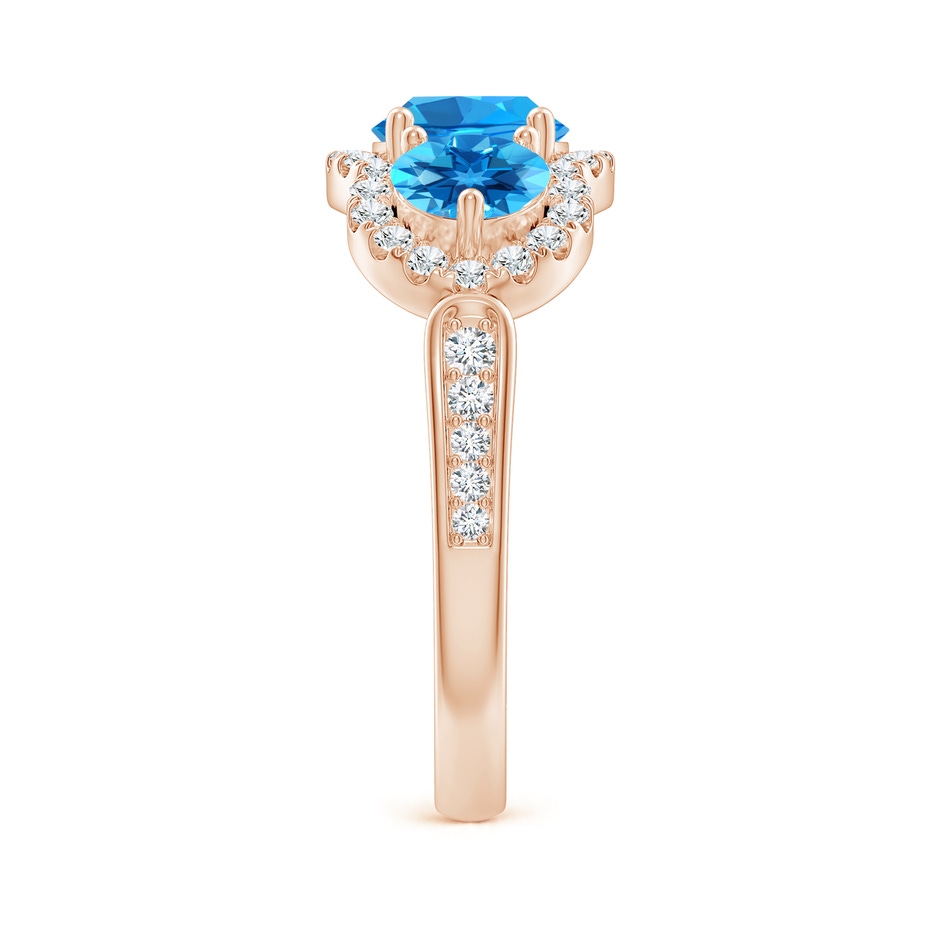 6mm AAAA Floating Three Stone Swiss Blue Topaz Ring with Diamond Halo in Rose Gold side 299