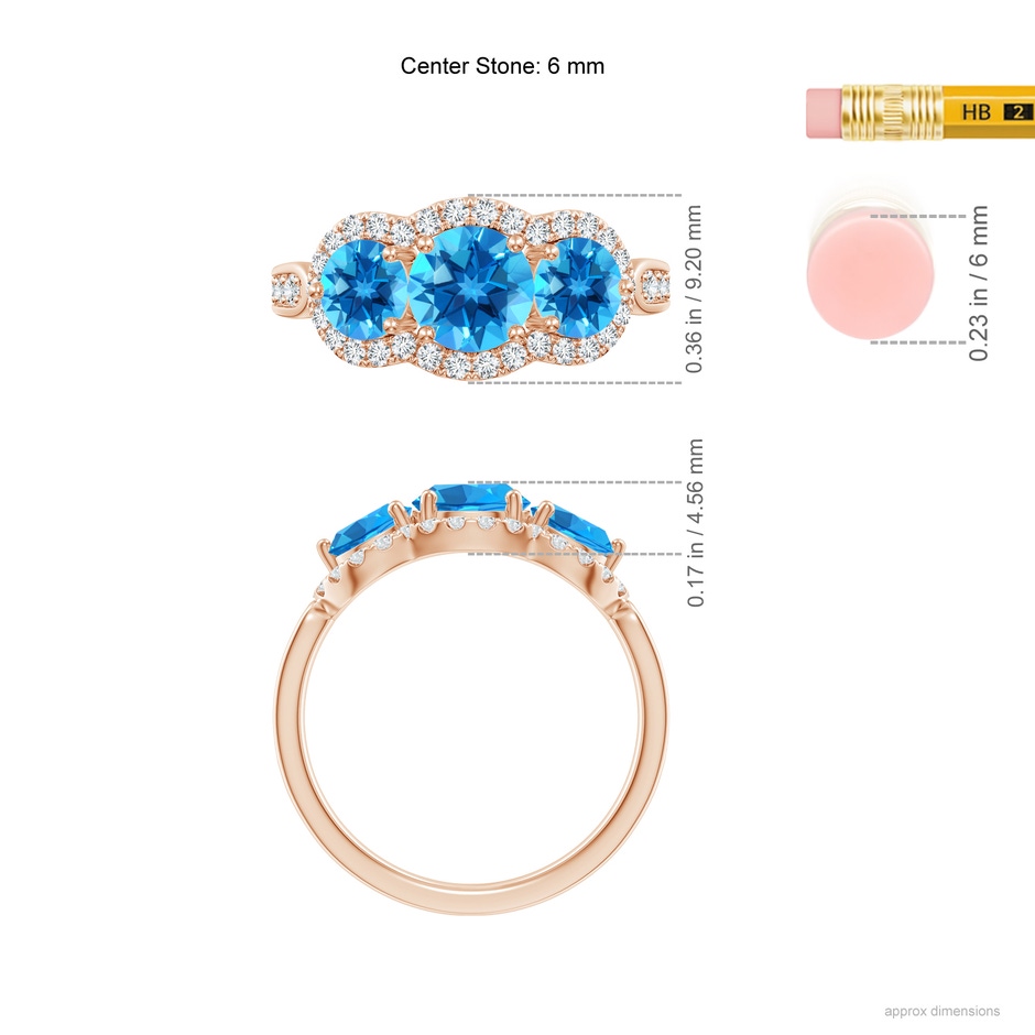 6mm AAAA Floating Three Stone Swiss Blue Topaz Ring with Diamond Halo in Rose Gold ruler