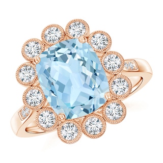 10x8mm AAA Cushion Aquamarine Ring with Diamond Floral Halo in Rose Gold