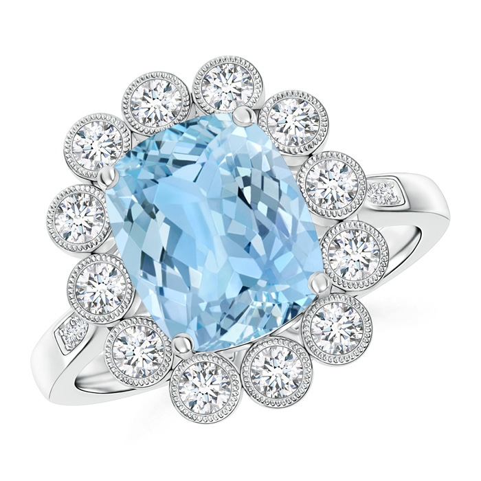 10x8mm AAAA Cushion Aquamarine Ring with Diamond Floral Halo in P950 Platinum