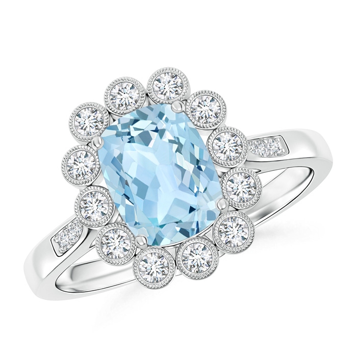 8x6mm AAA Cushion Aquamarine Ring with Diamond Floral Halo in White Gold