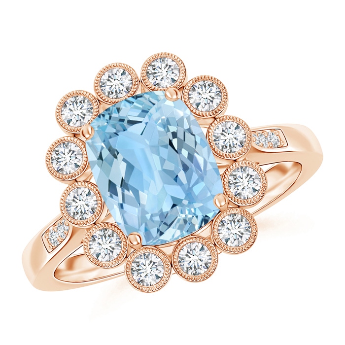 9x7mm AAAA Cushion Aquamarine Ring with Diamond Floral Halo in Rose Gold 