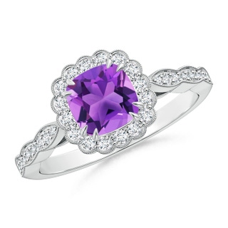 6mm AAA Cushion Amethyst Ring with Floral Halo in 9K White Gold