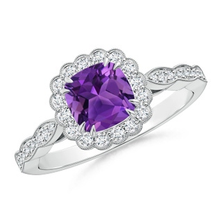 6mm AAAA Cushion Amethyst Ring with Floral Halo in P950 Platinum