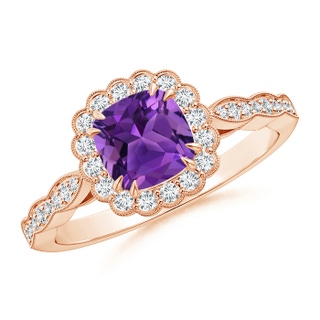 6mm AAAA Cushion Amethyst Ring with Floral Halo in Rose Gold