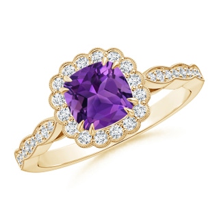 6mm AAAA Cushion Amethyst Ring with Floral Halo in Yellow Gold