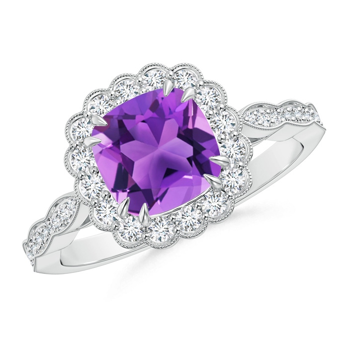 7mm AAA Cushion Amethyst Ring with Floral Halo in White Gold