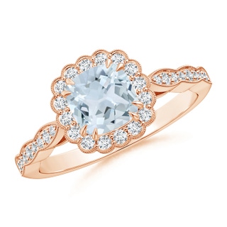 6mm A Cushion Aquamarine Ring with Floral Halo in Rose Gold