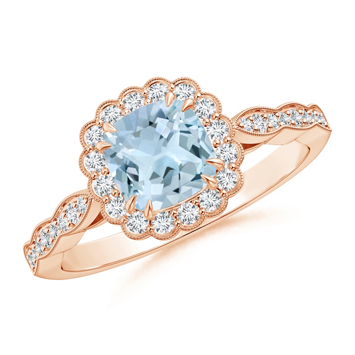 6mm AA Cushion Aquamarine Ring with Floral Halo in Rose Gold 