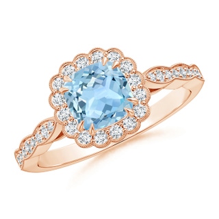 6mm AAA Cushion Aquamarine Ring with Floral Halo in Rose Gold