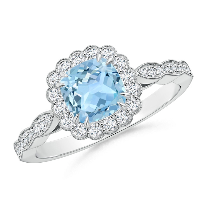 6mm AAA Cushion Aquamarine Ring with Floral Halo in White Gold