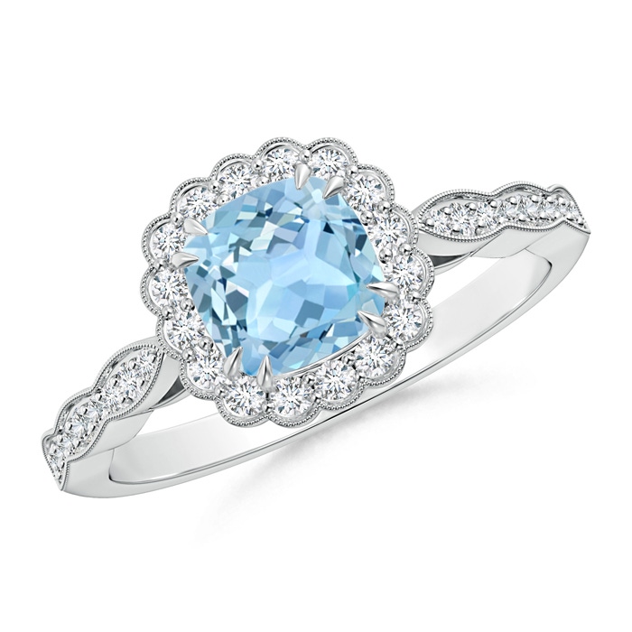 6mm AAA Cushion Aquamarine Ring with Floral Halo in White Gold 