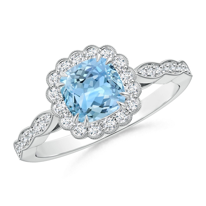 6mm AAAA Cushion Aquamarine Ring with Floral Halo in P950 Platinum