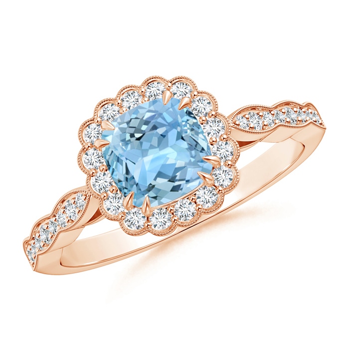 6mm AAAA Cushion Aquamarine Ring with Floral Halo in Rose Gold 