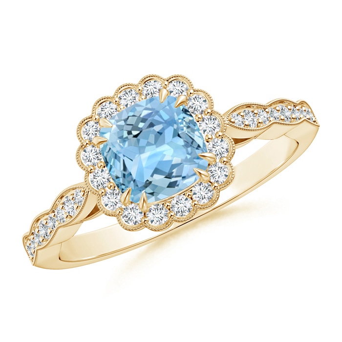 6mm AAAA Cushion Aquamarine Ring with Floral Halo in Yellow Gold 