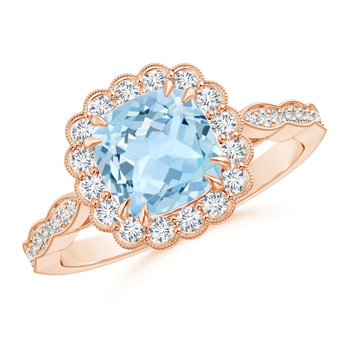 7mm AAA Cushion Aquamarine Ring with Floral Halo in Rose Gold 