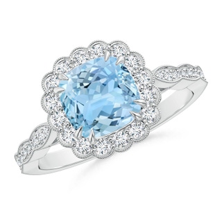 7mm AAAA Cushion Aquamarine Ring with Floral Halo in White Gold
