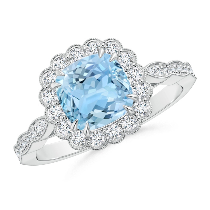 7mm AAAA Cushion Aquamarine Ring with Floral Halo in White Gold 