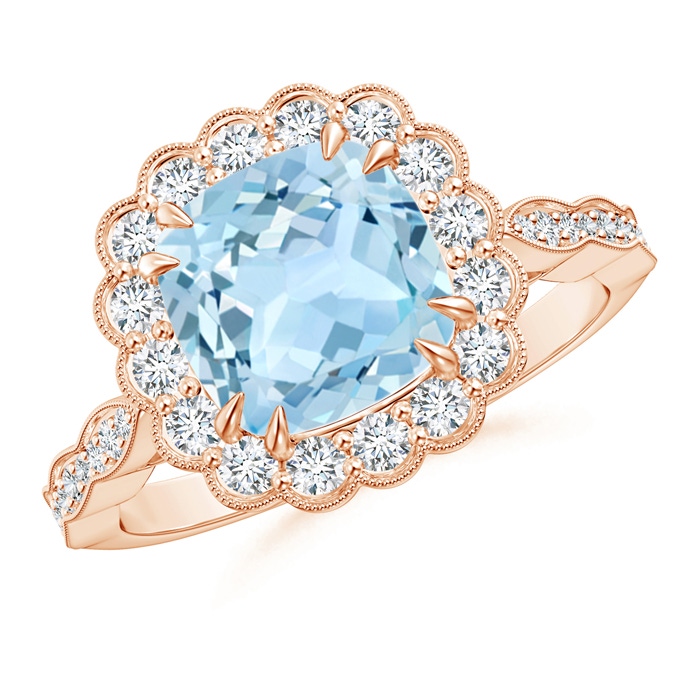8mm AAA Cushion Aquamarine Ring with Floral Halo in Rose Gold 