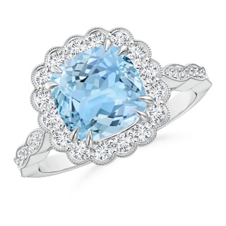 8mm AAAA Cushion Aquamarine Ring with Floral Halo in P950 Platinum