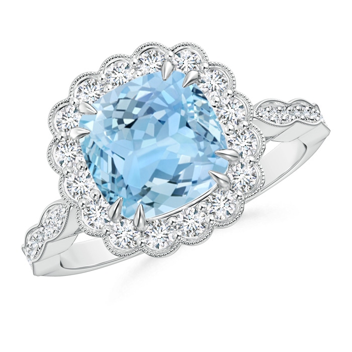 8mm AAAA Cushion Aquamarine Ring with Floral Halo in P950 Platinum 