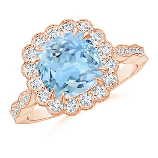 8mm AAAA Cushion Aquamarine Ring with Floral Halo in Rose Gold