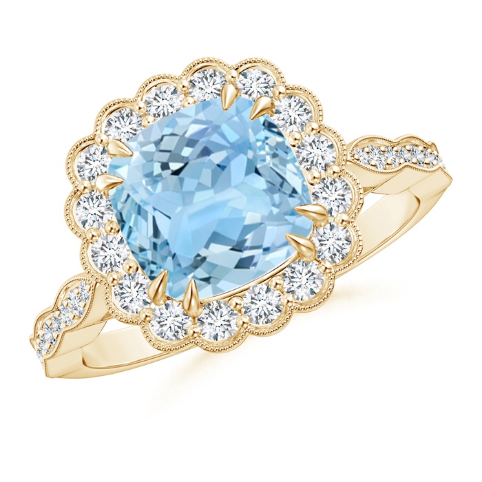 8mm AAAA Cushion Aquamarine Ring with Floral Halo in Yellow Gold 