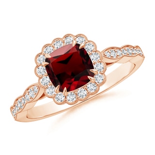 6mm AAAA Cushion Garnet Ring with Floral Halo in Rose Gold