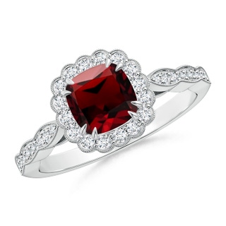 6mm AAAA Cushion Garnet Ring with Floral Halo in White Gold