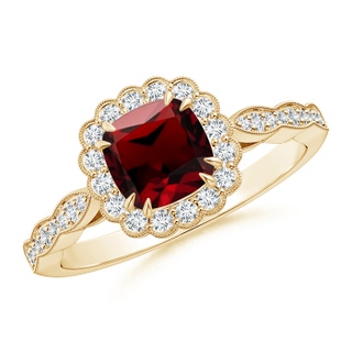 6mm AAAA Cushion Garnet Ring with Floral Halo in Yellow Gold