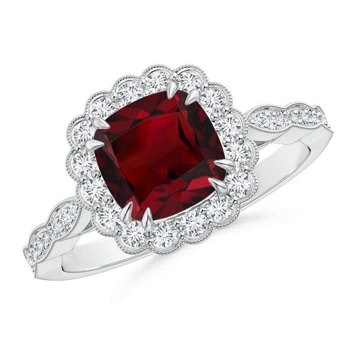 7mm AAA Cushion Garnet Ring with Floral Halo in White Gold 