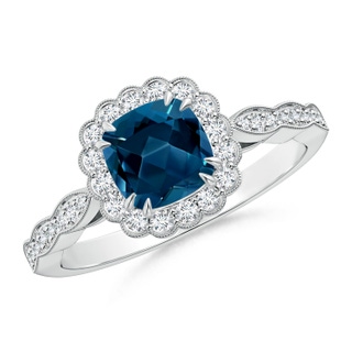 6mm AAAA Cushion London Blue Topaz Ring with Floral Halo in White Gold