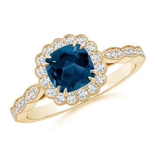 6mm AAAA Cushion London Blue Topaz Ring with Floral Halo in Yellow Gold