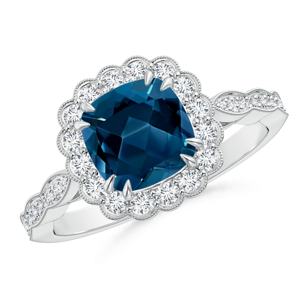 7mm AAAA Cushion London Blue Topaz Ring with Floral Halo in White Gold
